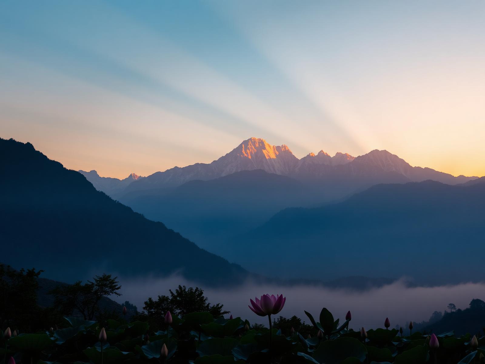 Sunrise over Himalayan peaks with lotus