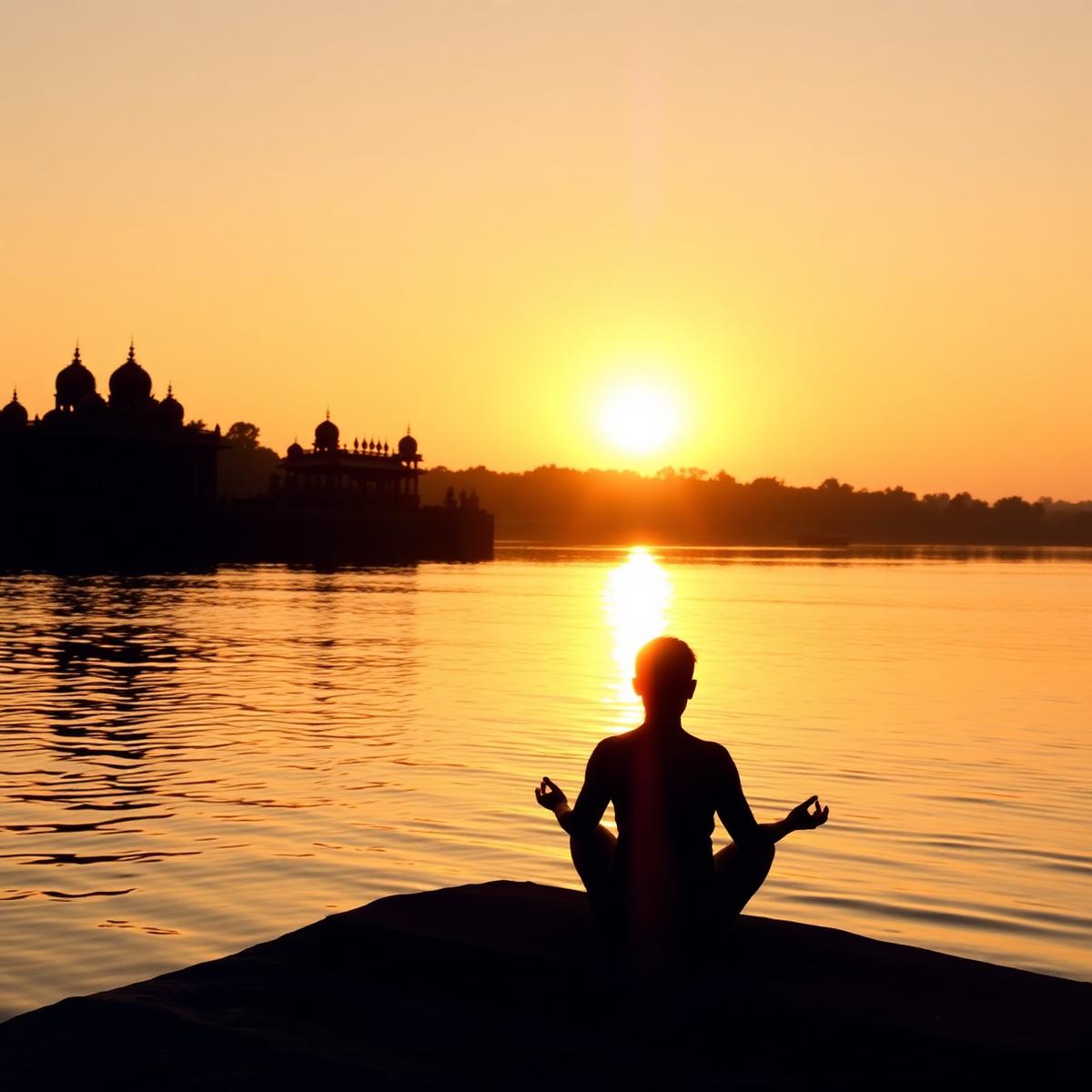Meditation at sunrise by a river ghat