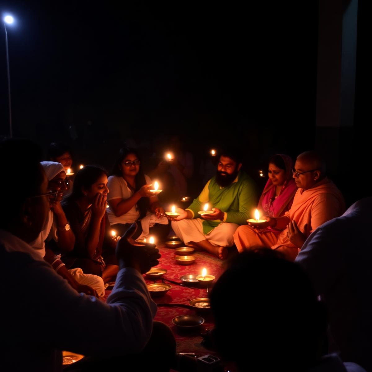 Community satsang gathering with diyas
