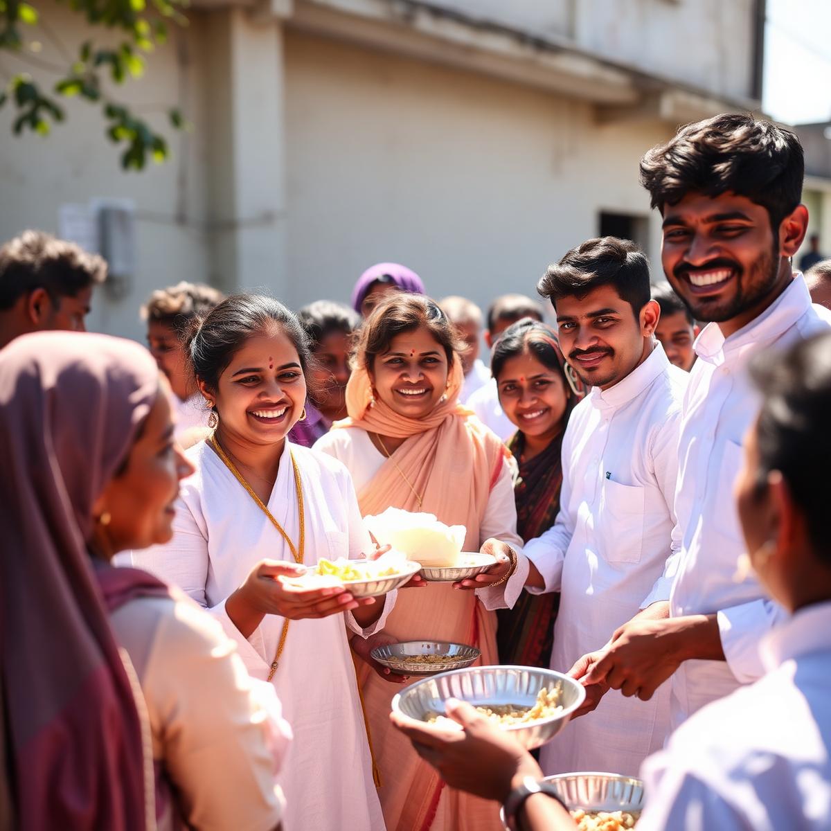 Volunteers serving food during seva